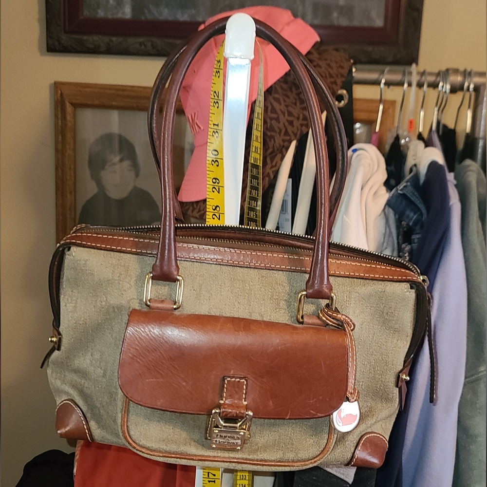 Dooney & Bourke Tan Leather and Olive Canvas Satchel